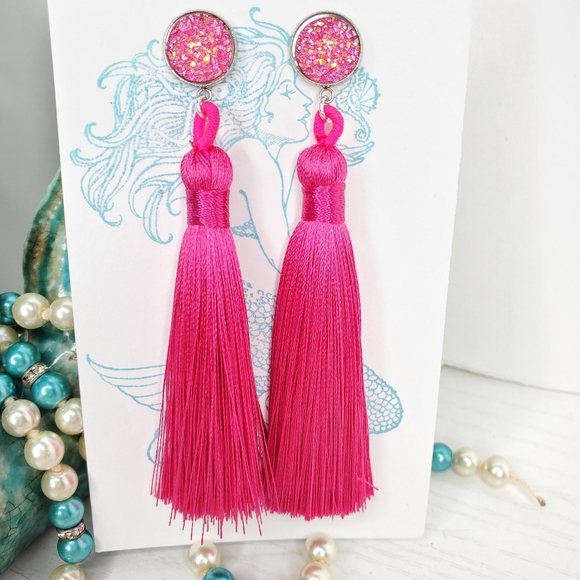 Pink Acrylic Druzy Tassel Earrings - Picture 3 of 5